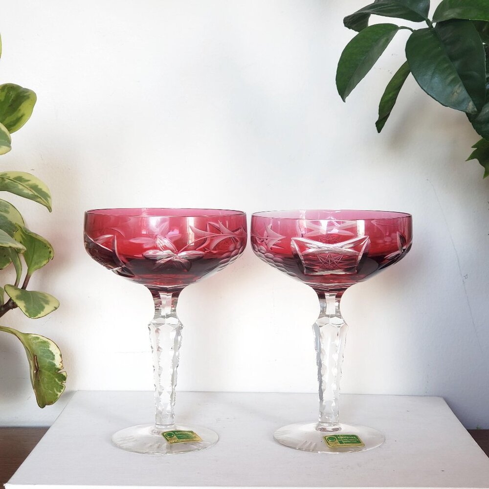 Pair Of Lausitzer Cut to Clear Cranberry Red Champagne Tall Sherbet Glasses